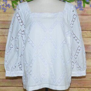 Ann Taylor White Pullover Blouse Top Size XL 3/4 Puff Sleeve Cotton Square Neck